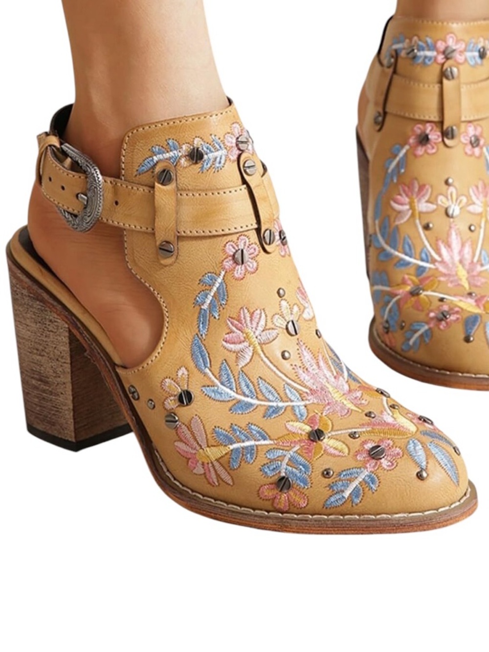 NWT Women's Floral Embroidery Ankle Boots Buckled Backless Western Sz 10